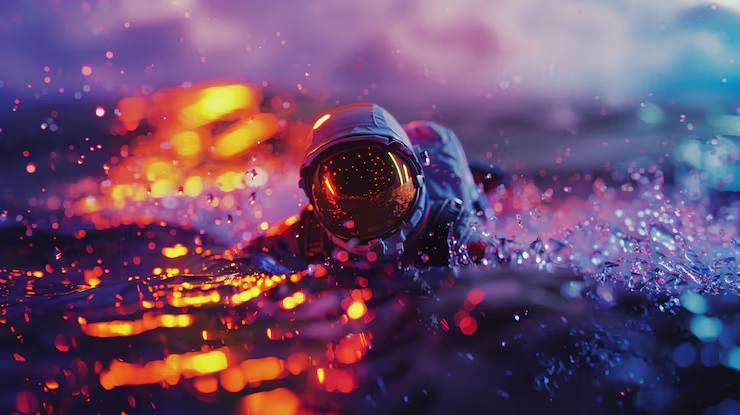 Astronaut exploring a luminous alien ocean